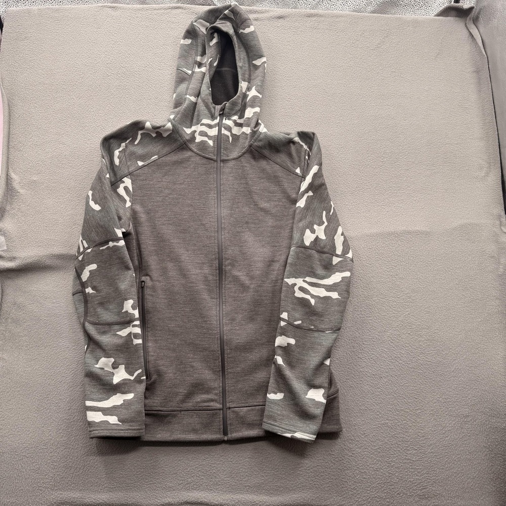 Kuhl Jacket Mens Large Gray Camo Hooded Full Zip Soft Fleece Hiking Outdoor